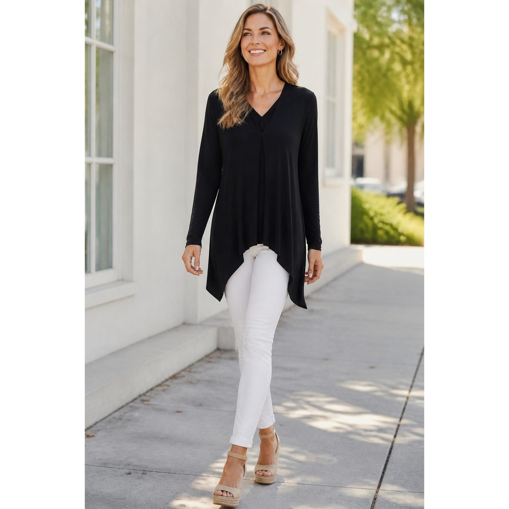 Lafayette 148 NY Black V-Neck Pleated Sharkbite Tunic‎ Long Sleeve Fits M/L $598